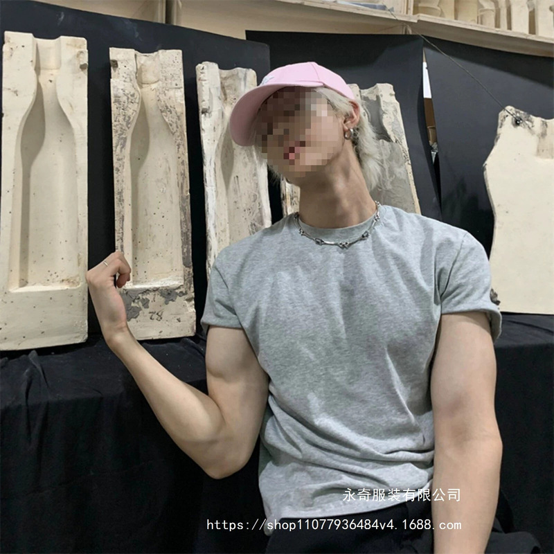 Gray Cleanfit Men's Short-Sleeve Summer American-Style Small Neckline Heavyweight T-Shirt, Regular Shoulder Fit, Muscle-Enhancing, Wholesale