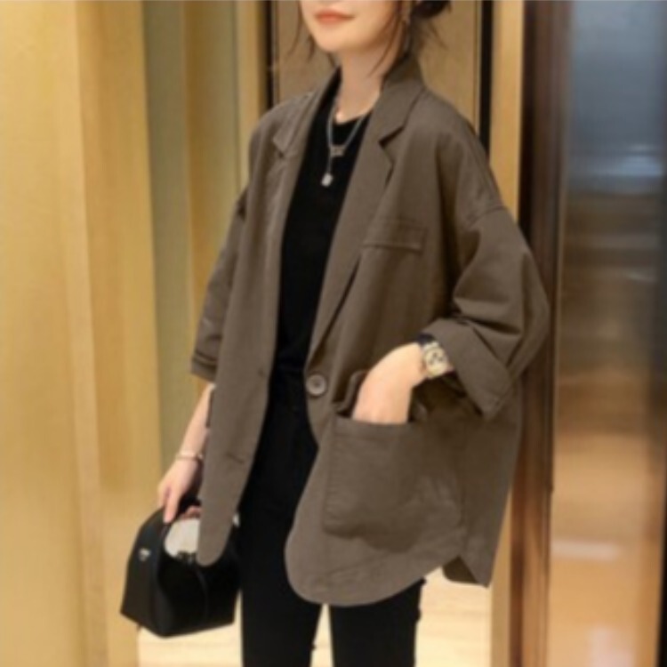 Khaki Blazer for Women, Loose Fit, Plus Size, Casual Thin Suit, 2025 European Style, Commuter Style, Long Sleeve