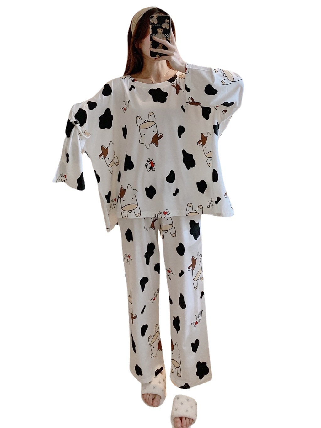 Cow Long-sleeved Pajamas for Women Spring & Fall Plus Size K-style Cartoon Can Be Worn Outside Pants Women's Home Wear Two-piece Suit