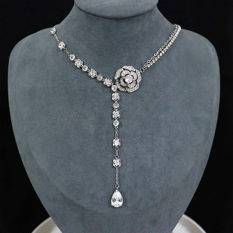 French New Micro-inlaid Zircon Camellia Woolen Chain Women's High-end Long Light Luxury Fashionable Simple All-match Necklace
