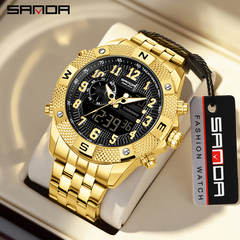 SANDA SANDA3308 nuevo reloj de pulsera electrónico con correa de acero, personalidad, creatividad, despertador multifuncional, reloj de luz nocturna