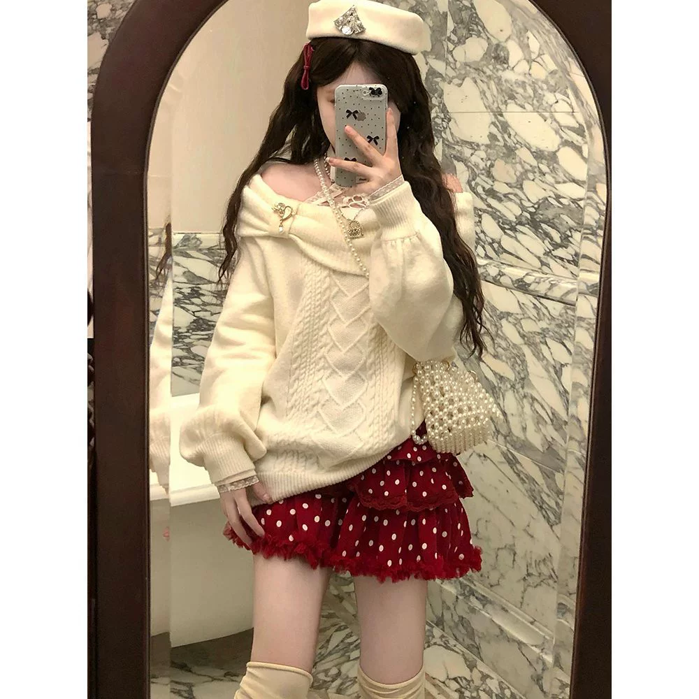 Женский свитер с одним плечом, бантом, для осени и зимы 2025 года, новый, с открытым плечом, трикотажный, с внутренним слоем, весенний топ