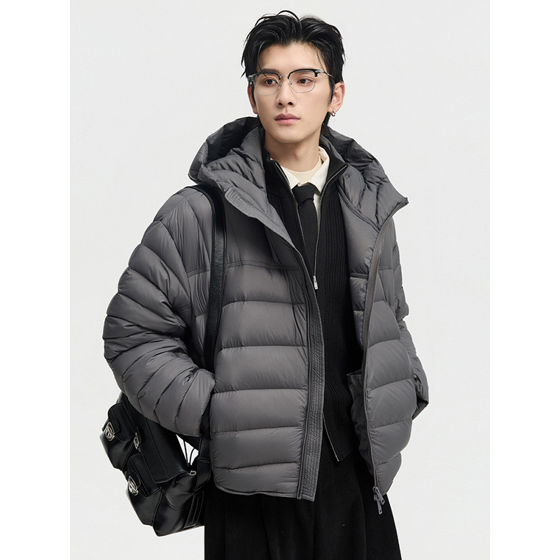 『Mo Ying Chenhua』Men's Ribbed down Jacket with Hood, Short Oversized Version, 90% White Duck Down, New Model 2025