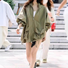 许我耀眼明星同款2024秋季新款宽松纯色工装外套立领拉链风衣外套