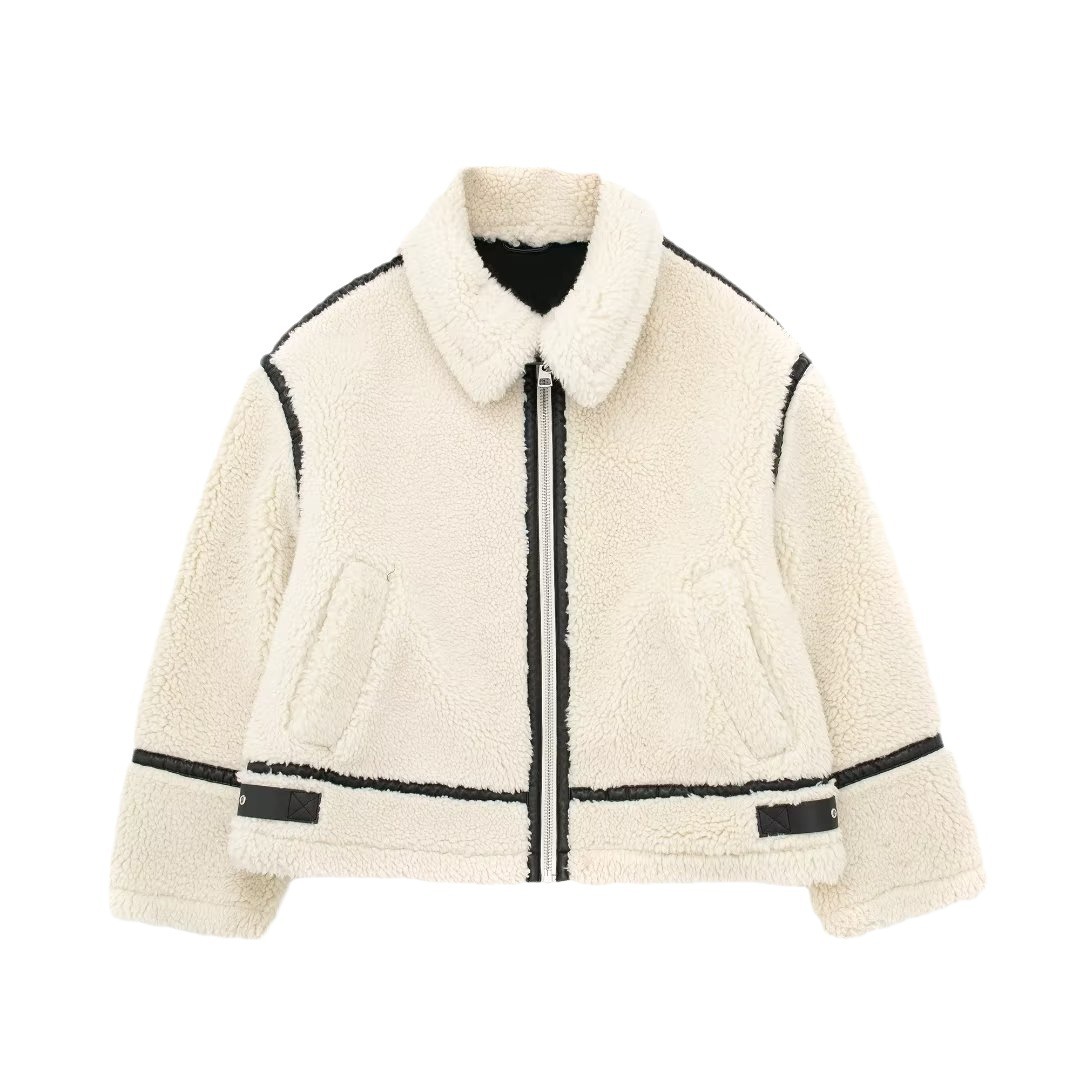 Dameskleding herfst en winter nieuwe mode bontjas opstaande kraag contrasterende kleur casual warme jas_voghion.com