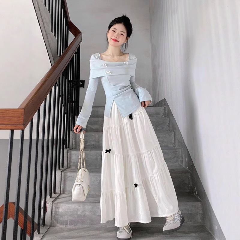 甜欲风一字肩上衣套装女早秋设计感辣妹长袖T恤高腰蝴蝶结半身裙|undefined