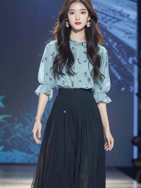 茶系穿搭一整套绿色碎花衬衫半裙套装2025年新款女装早秋时尚减龄|undefined