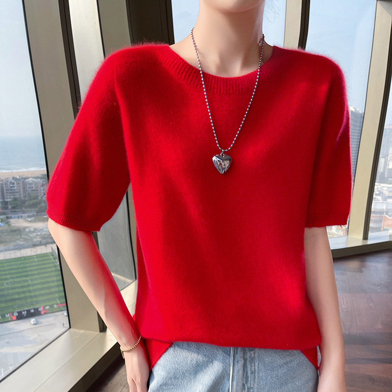 Cashmere Autumn and Winter New Women's Crewneck Mid-Sleeve Fashionable Casual Inner Commuter Top Base Wool Knitted T-Shirt