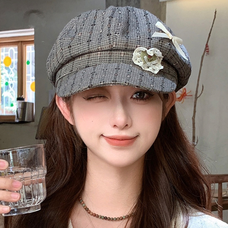 韩版秋季爱心蕾丝蝴蝶结格子贝雷帽子女甜美文艺百搭高级感画家帽|undefined