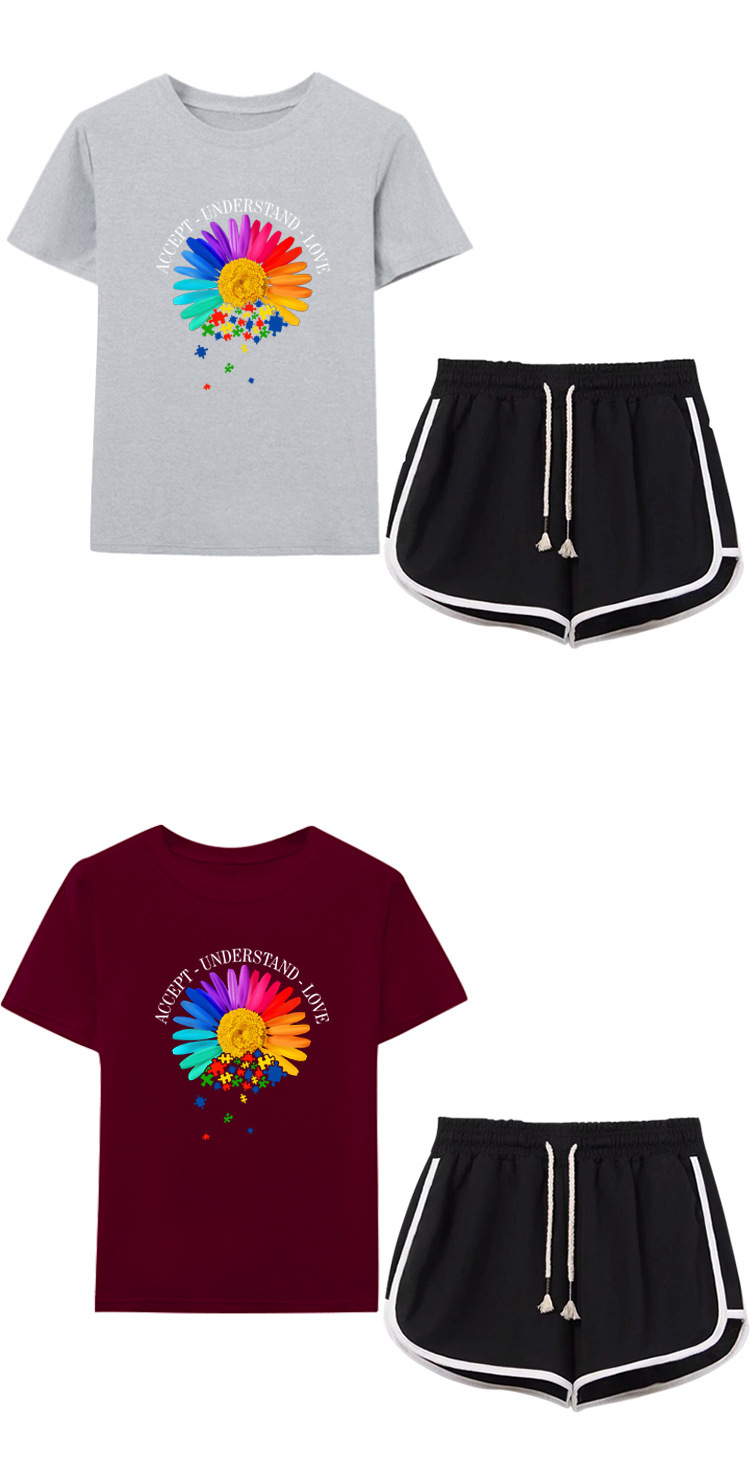 color matching sunflower puzzle print T-shirt drawstring shorts set NSYIC61288