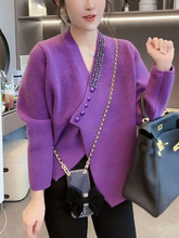 紫色别致衣门襟时尚针织衫女2022冬季新款百搭不对称设计保暖毛衣