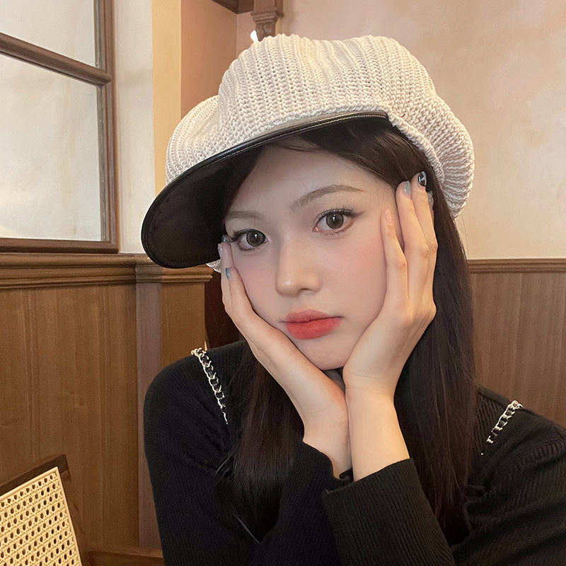 Beige Knitted Beret Women's Summer Breathable Face Showing Little Bud Painter Trendy Big Headband Octagonal Hat_voghion.com