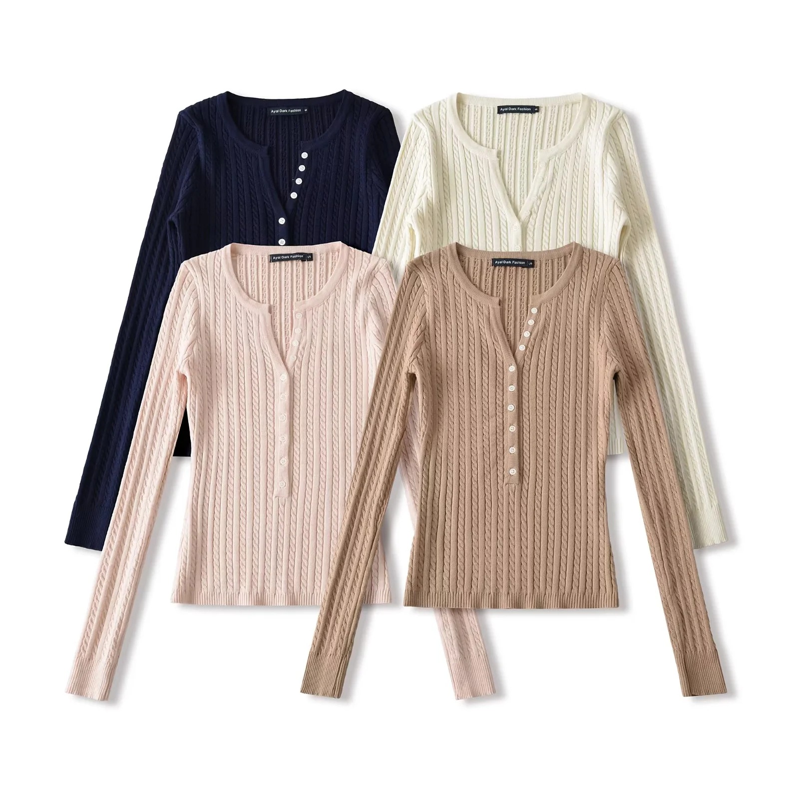 Elegant V-Neck Button Long-Sleeve Cable Knit Sweater for Women, Autumn and Winter High-End Slim-Fit Pullover Sweater