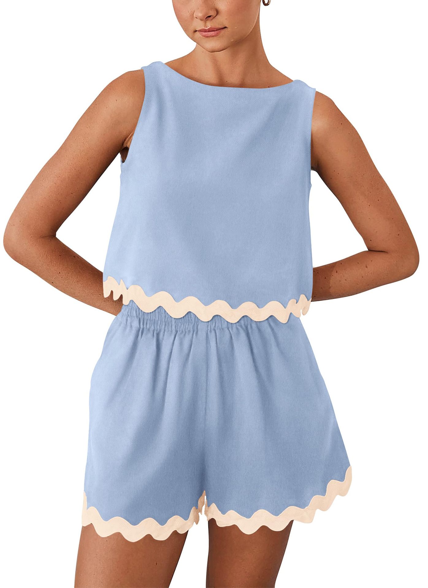 227g Weight Sleeveless Sleeve Length Linen, Lace Fabric Type Shorts Pants Type Shorts Co-ord Set Sets Type 2 Pieces Set Quantity Daily Occasion Round Neck Neckline Loose Fit Type Color Block, Waves Pattern Summer Season Women's Gender Casual Style Lace Craft Daily Women's Casual Color Block Waves Linen Lace Shorts Co-ord Set Shorts Shorts Sets 14
