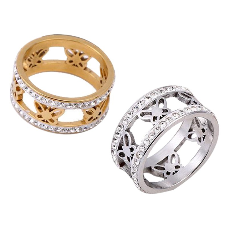 Anillo de Acero Inoxidable con Incrustaciones de Diamantes de Dos Hileras, Estilo Europeo y Americano, Fabricado en Fábrica Transfronteriza