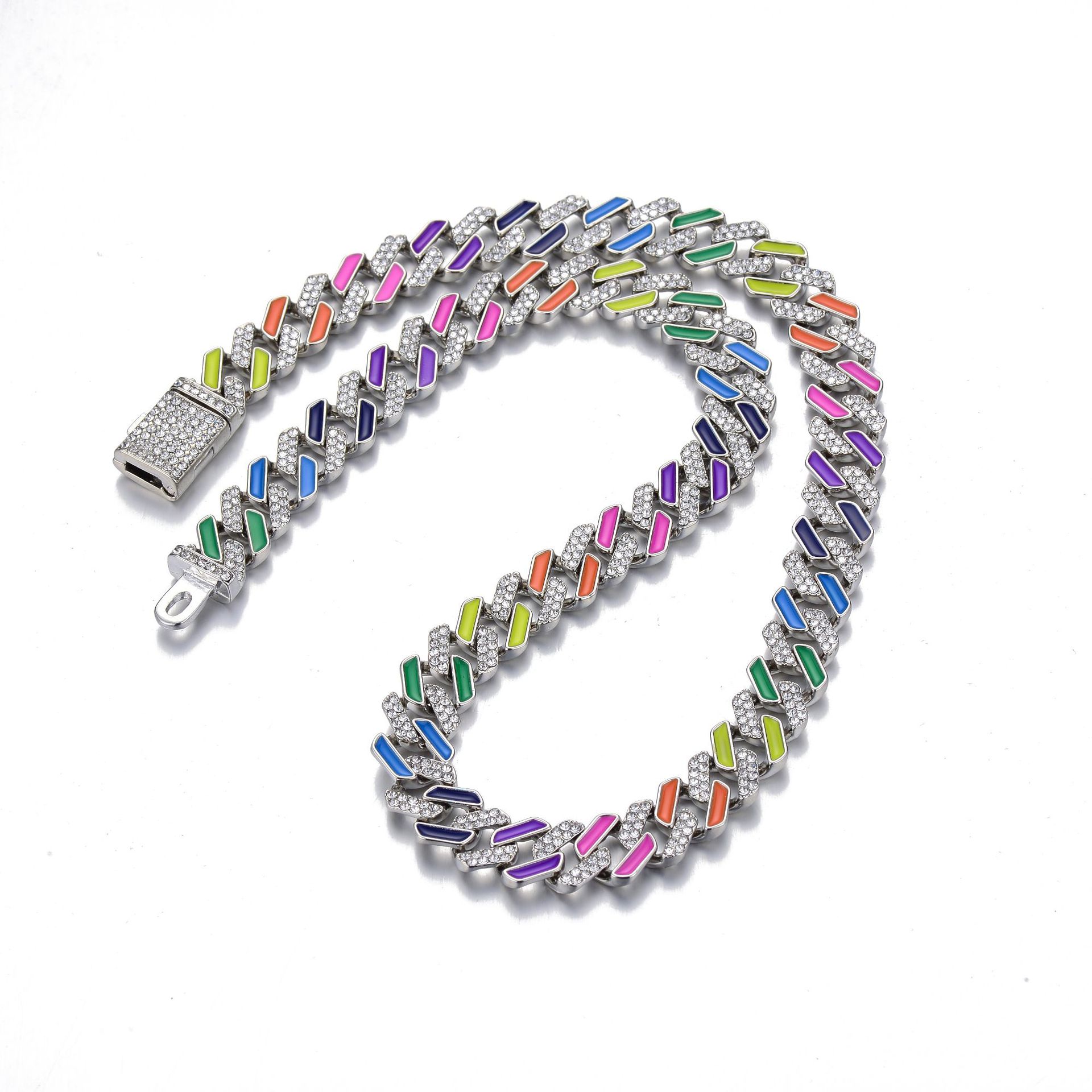 European and American Cuban necklace 12mm diamondshaped colorful rainbow braceletpicture6