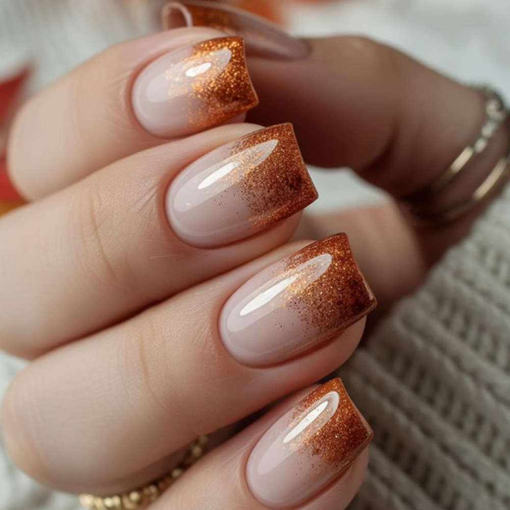 Ventas transfronterizas de polvo desnudo, polvo de color caramelo brillante, manicure, viento suave de otoño, 24 piezas de parche de uñas falsas