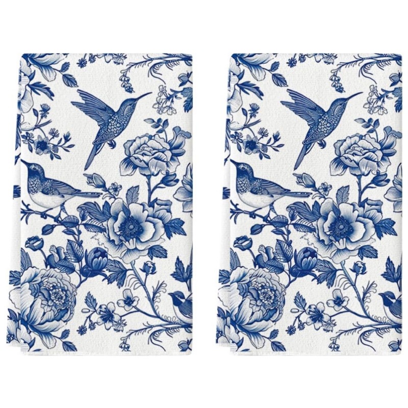 Cross Border Hot Sale Blue Hummingbird Kitchen Towel Commercial Food Grade Printed Towel Royal Blue Ceramic Decorative Hand Towel