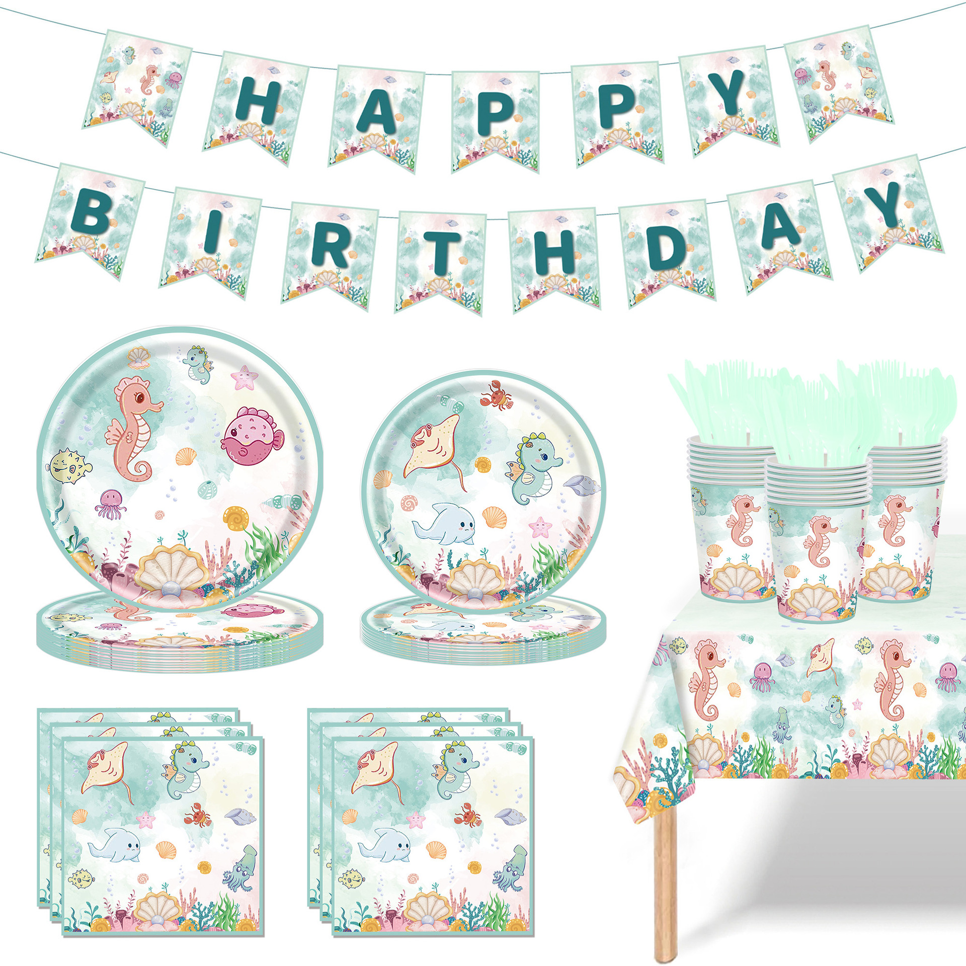 Underwater World Theme Party Supplies Seahorse Birthday Arrangement Decorations Wild Marine Animals Disposable Tableware