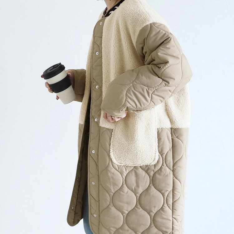日系新款拼接棉服冬季2024设计感韩版中长款棉衣外套
