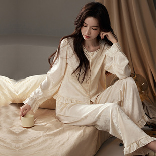 Gao Ding Milk White Simple Lace Jacquard Women's Pajamas Autumn and Winter Ice Silk Long Sleeve Comfortable Home Clothes suit