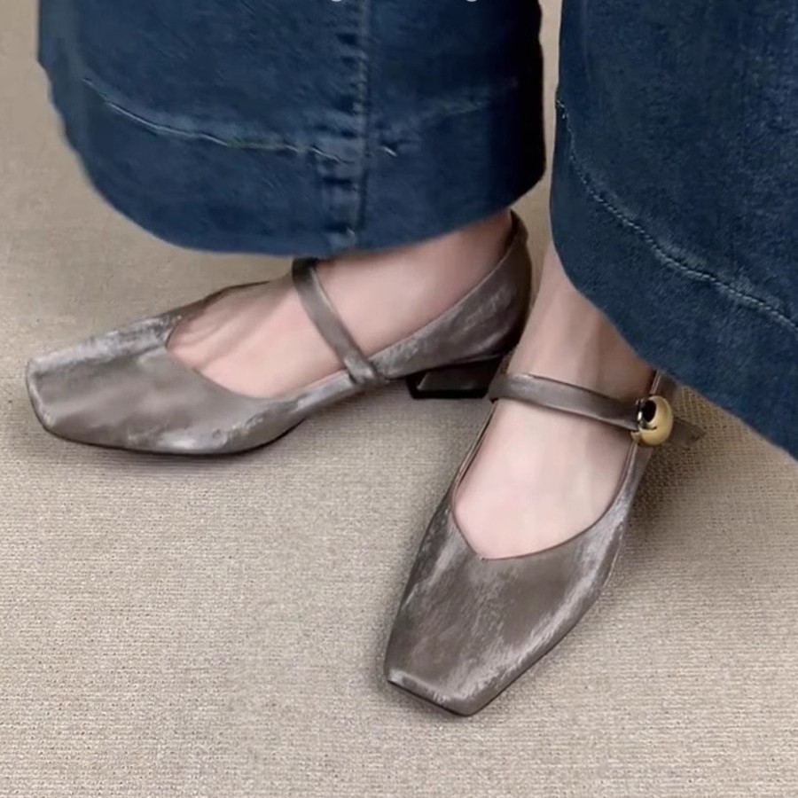 Piel de cordero súper suave ~ Zapatos individuales franceses, zapatos de ballet de tacón bajo con cabeza cuadrada para mujer, zapatos retro Mary Jane con hebilla