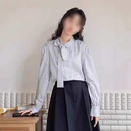 韩系绑带蝴蝶结条纹衬衣女春秋季百搭设计感小众长袖衬衫别致上衣