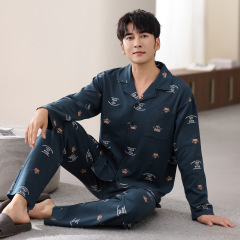拉架爽棉睡衣男秋季翻领开衫长袖长裤可外穿宽松休闲青少年家居服