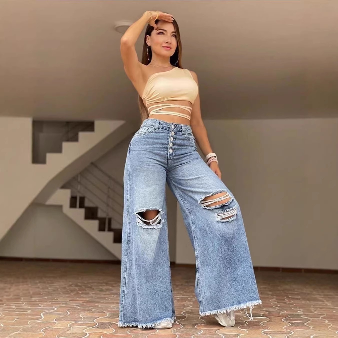 Jeans de Pierna Ancha con Agujeros y Tiro Alto para Mujer de Algodón, Lavado