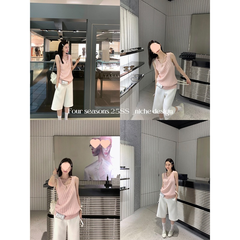 Ouyang 不規則なツイストプリーツノースリーブベスト女性の夏の新しいデザインニッチトップ|undefined