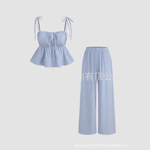 亚马逊 eBay高腰松紧腰抽绳宽松阔腿裤竖纹套装