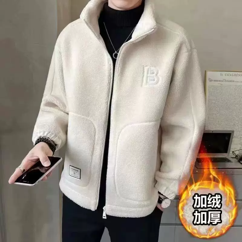 欧洲站羊羔毛外套男秋冬季新款时尚棉服颗粒绒加绒加厚潮牌外穿