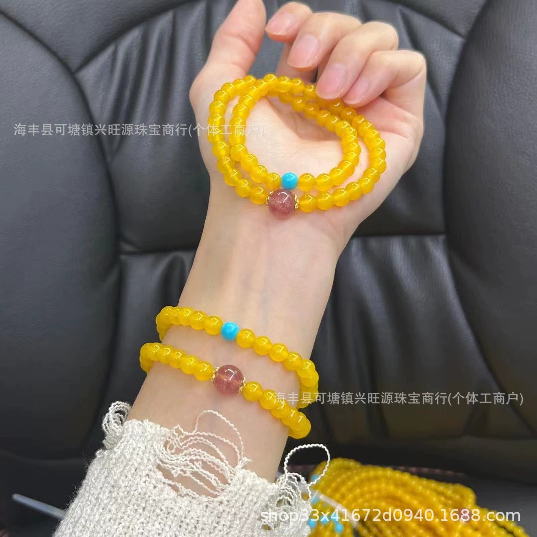 Натуральный желтый агат, янтарь, бирюза, клубничный кристалл, литературный браслет в стиле ретро, ​​прямая трансляция, благосостояние, древнее сахарное сердце