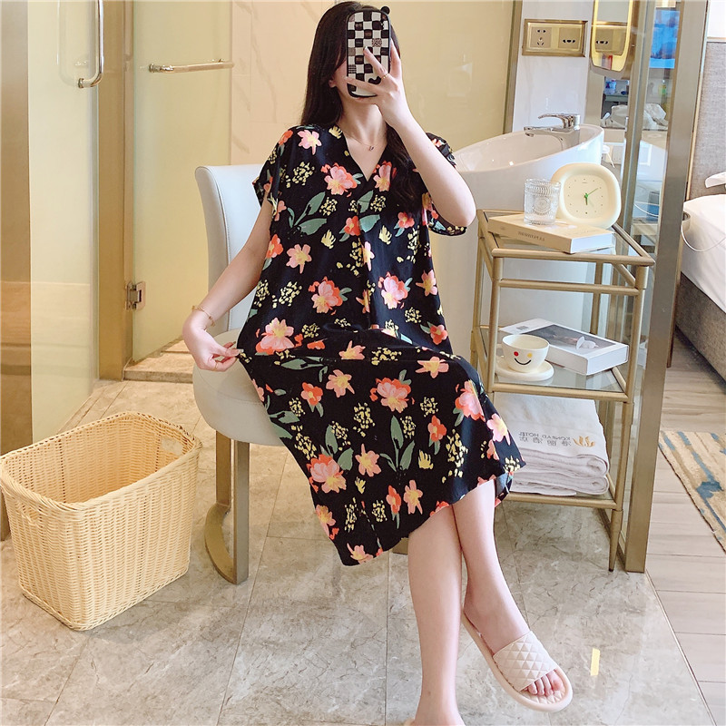 Camisón de seda de algodón para mujer verano nuevo Pijama estampado de dibujos animados de manga corta estilo coreano más tamaño ropa para el hogar suelta de seda de algodón delgada