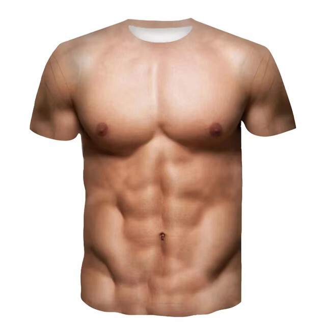 Interesting Fake Muscle T-Shirt 3D Digital Printing Summer Men's Short-Sleeved T-Shirt Street O-Neck Muscle Cross-Border Hot Model