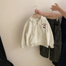 韩版女童秋冬新款卡通刺绣加绒连帽外套2025加绒豹纹工装裤两件套