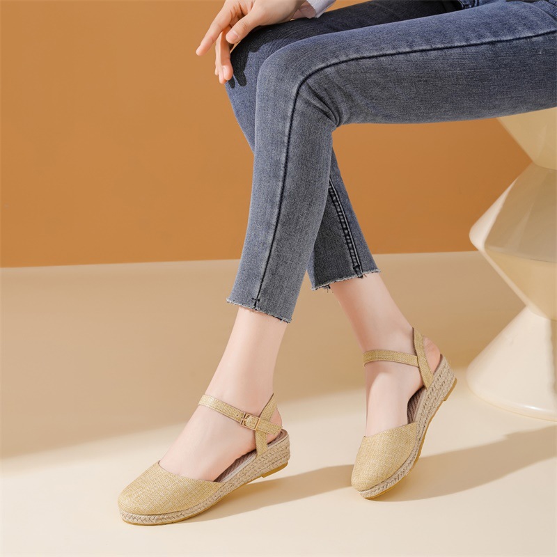 26 Summer And Autumn New Wedge Heel Women's Sandals, Old Beijing Cloth Shoes, High Heel, Solid Color Straw Woven_vogvips.com