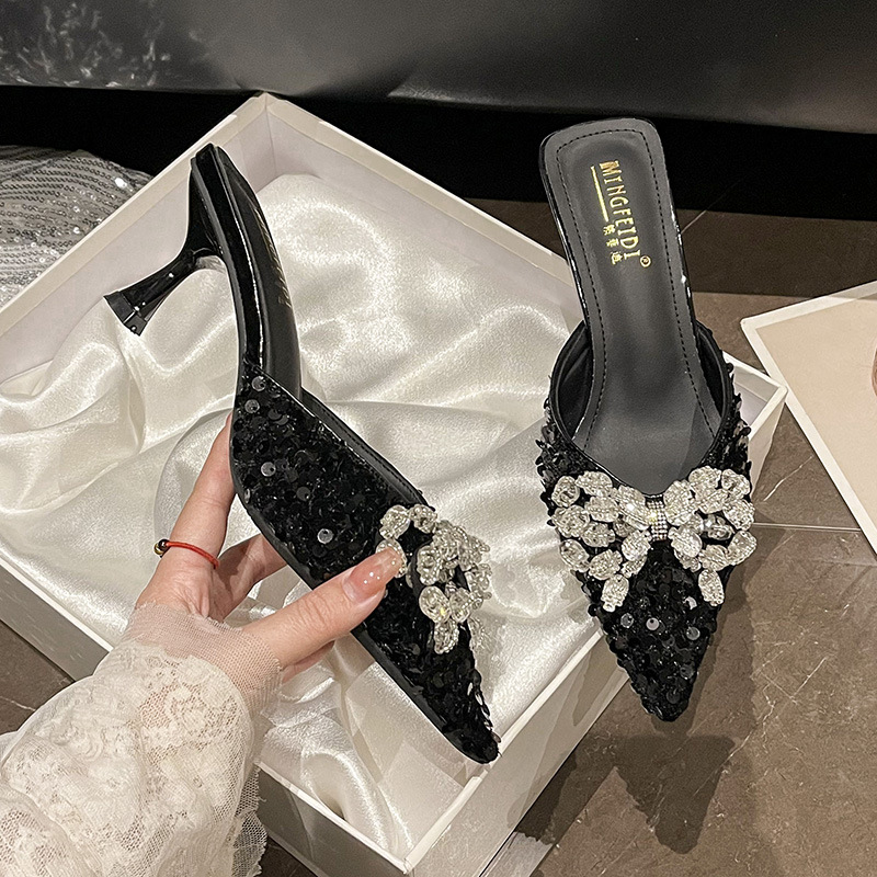 2025 nuevo estilo bowknot rhinestone francés tacón de aguja puntiagudo medias pantuflas para mujer de verano sandalias y pantuflas puntiagudas de tacón alto image 8