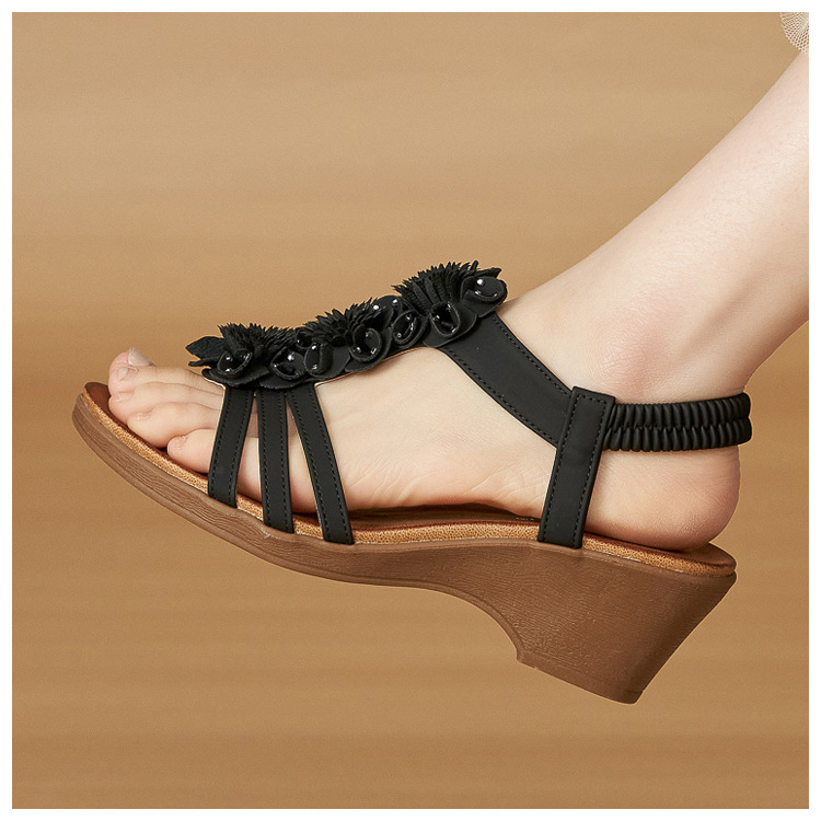 Sandal nữ quai mảnh họa tiết hoa đế xuồng cao gót 9 cm — màu nâu, màu đen, màu mơ chi tiết 17