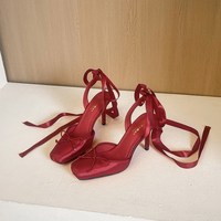 26-1 Ballet Style Baotou High Heels Women's Lace French Bow Strap Thin Heel Forged Face Mary Jane Single Shoes