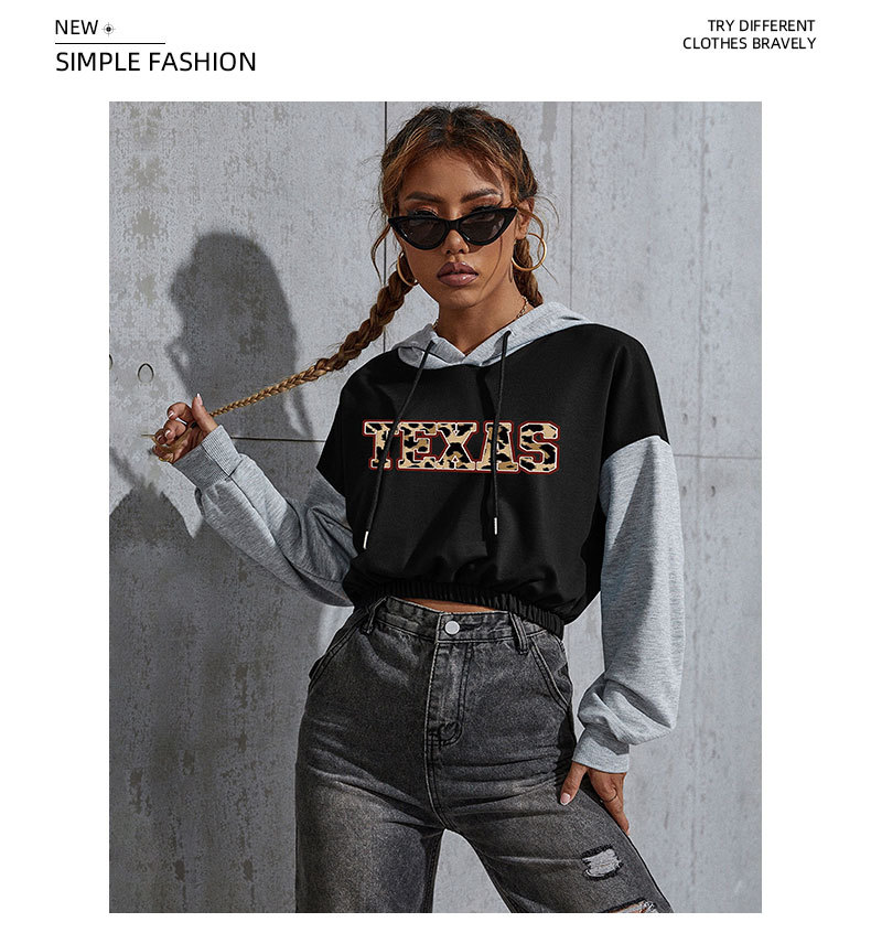 Felpa con cappuccio corta stampata autunno 2024, casual, corta, patchwork, per donna_voghion.com