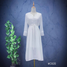 扎染白坯秋季新款清新文艺风白色连衣裙收腰长袖气质长裙