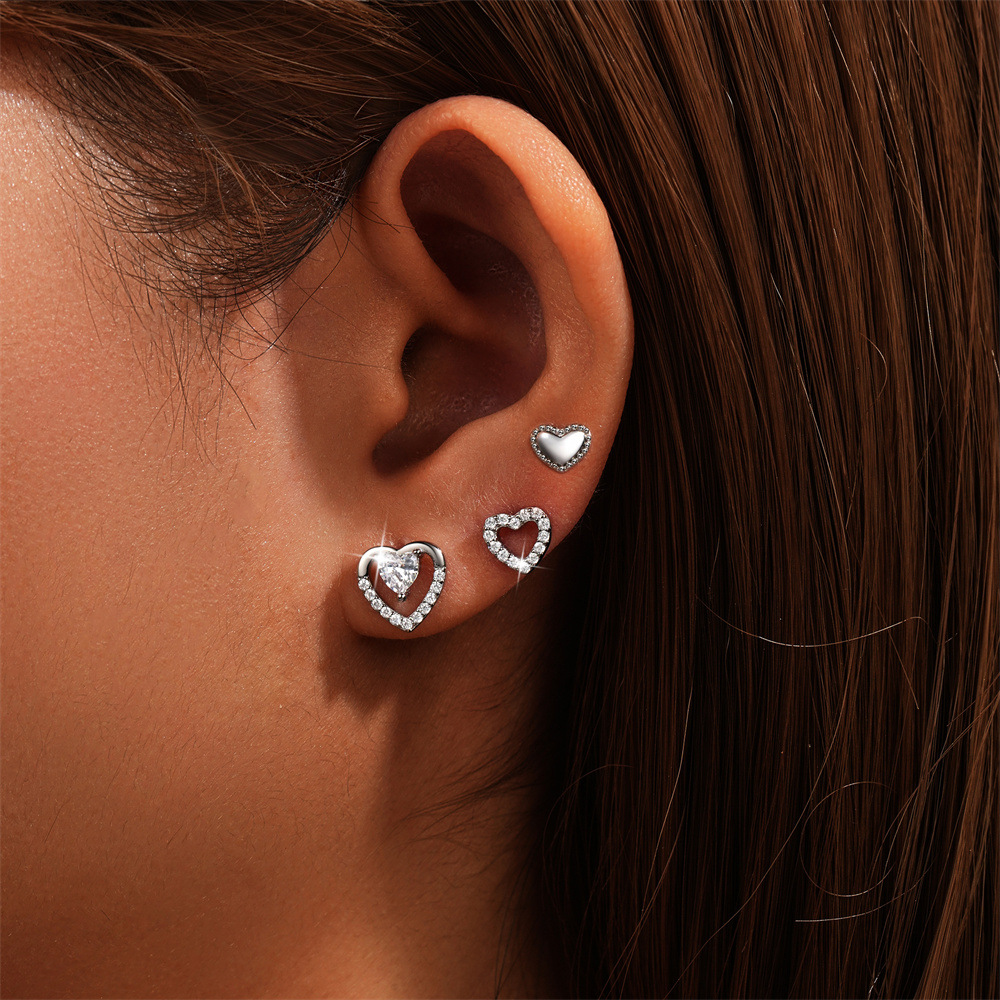 925 Sterling Silver Ear Needle Material 3 Pieces Set 925 Sterling Silver Zircon Heart Shape Ear Studs