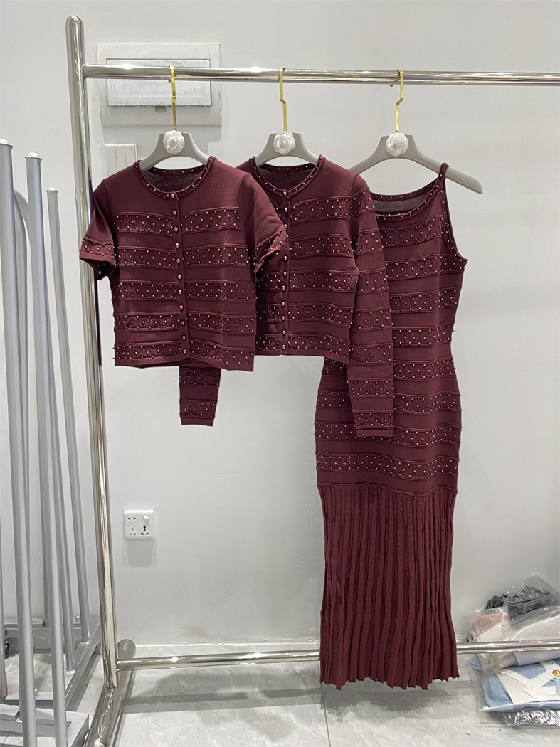 High-Quality Three-Piece Set for Women with Heavy Beading, Short-Sleeved Tops, Long-Sleeved Cardigans, Sleeveless Knee-Length Skirts, Cross-Border Supply