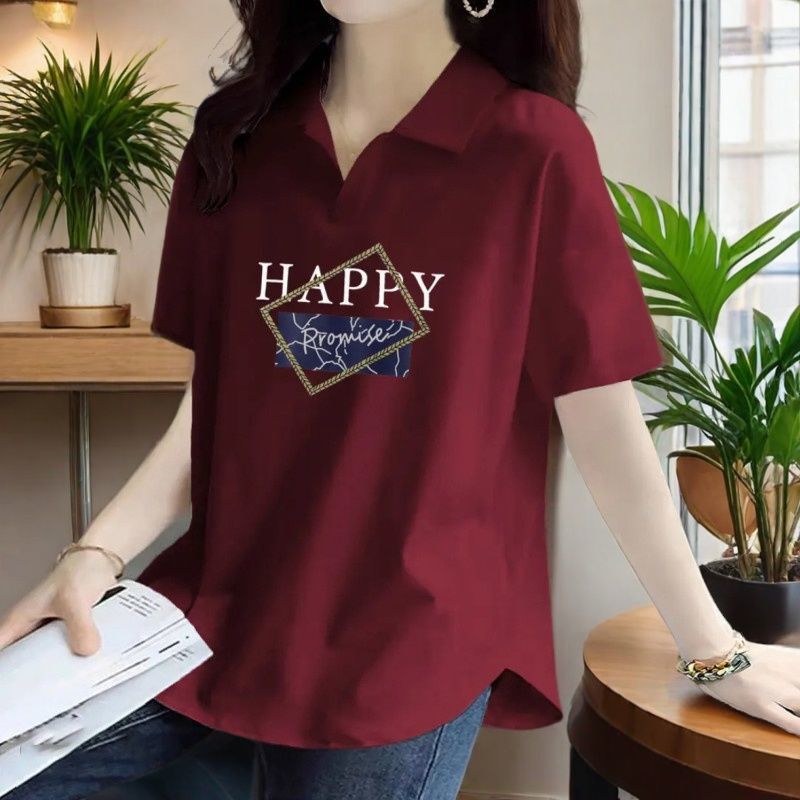 92% Cotton European Polo Collar Black Short-Sleeved T-Shirt Women's Summer New Slim Fit Right Shoulder Versatile Bottoming Shirt Printed Top