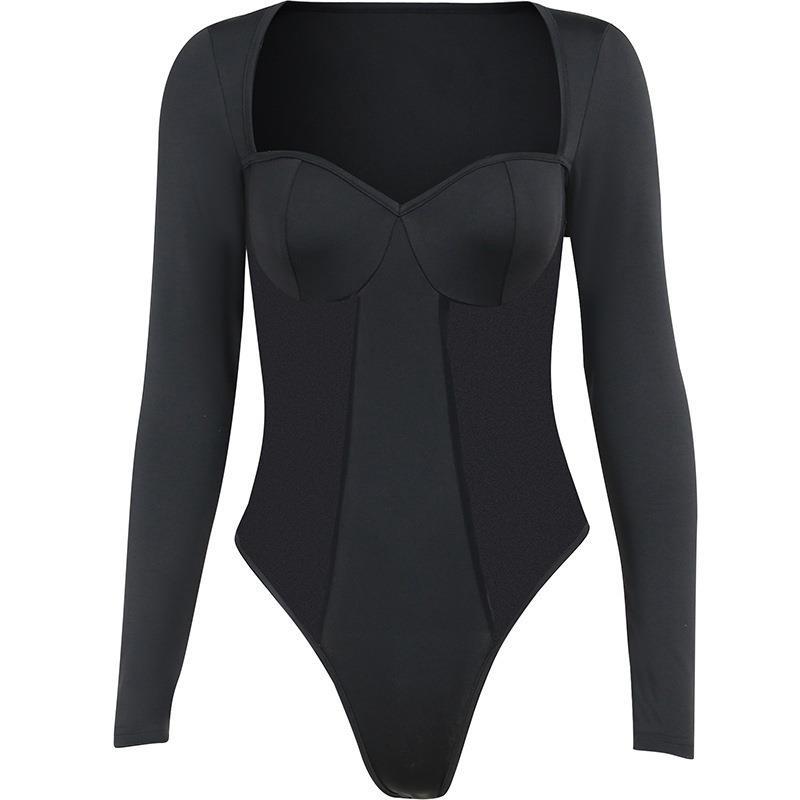 Otoño ropa de mujer europea y americana Comercio exterior nueva perspectiva sexy cuello cuadrado costura mono de manga larga