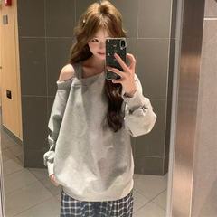 慵懒风灰色斜领露肩长袖卫衣女秋冬宽松显瘦休闲百搭套头无帽上衣
