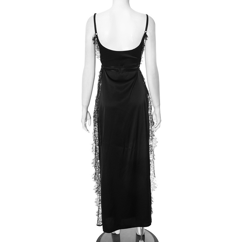 Women Clothing Spring Summer Solid Color Lace Splicing Sling Split Sexy Dress Women