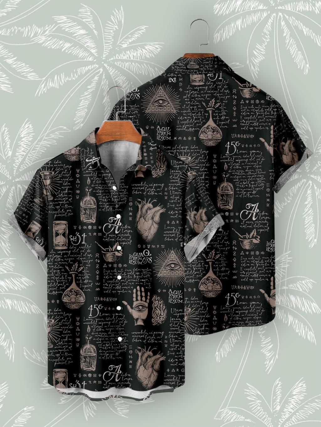 Retro abstracto ojo de cielo estampado 3D hombre calle alta suelta manga corta solapa botón camisa hawaiana en stock