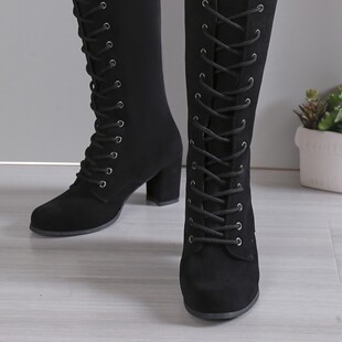 Foreign Trade Large Size European and American Fashion Strap Roman Knight Boots for Women 2024 Autumn and Winter New Round Toe Thick High Heel Fashion Boots